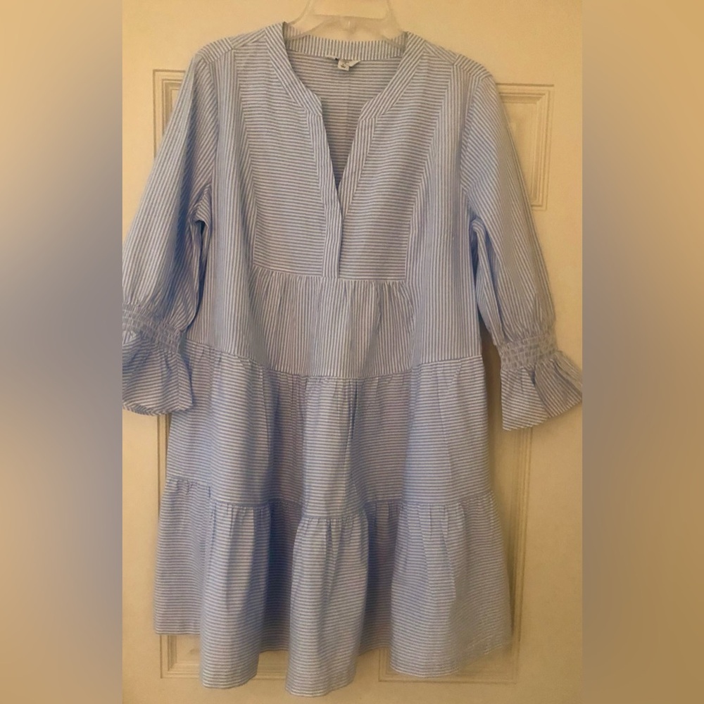 crown & ivy Light Blue and White Striped Tiered Dress